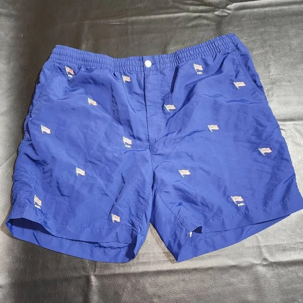 Polo Ralph Lauren Mens Blue Embroidered Flag Swim‎ Trunks USA July 4th XL